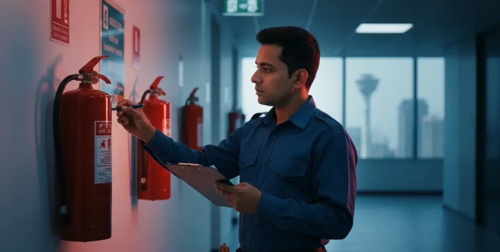 Fire safety expert conducting inspection of commercial fire extinguishers in Hyderabad