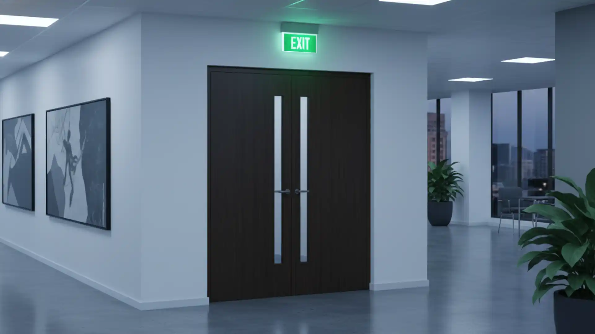 Fire safety exit sign in a modern office building in Madhapur