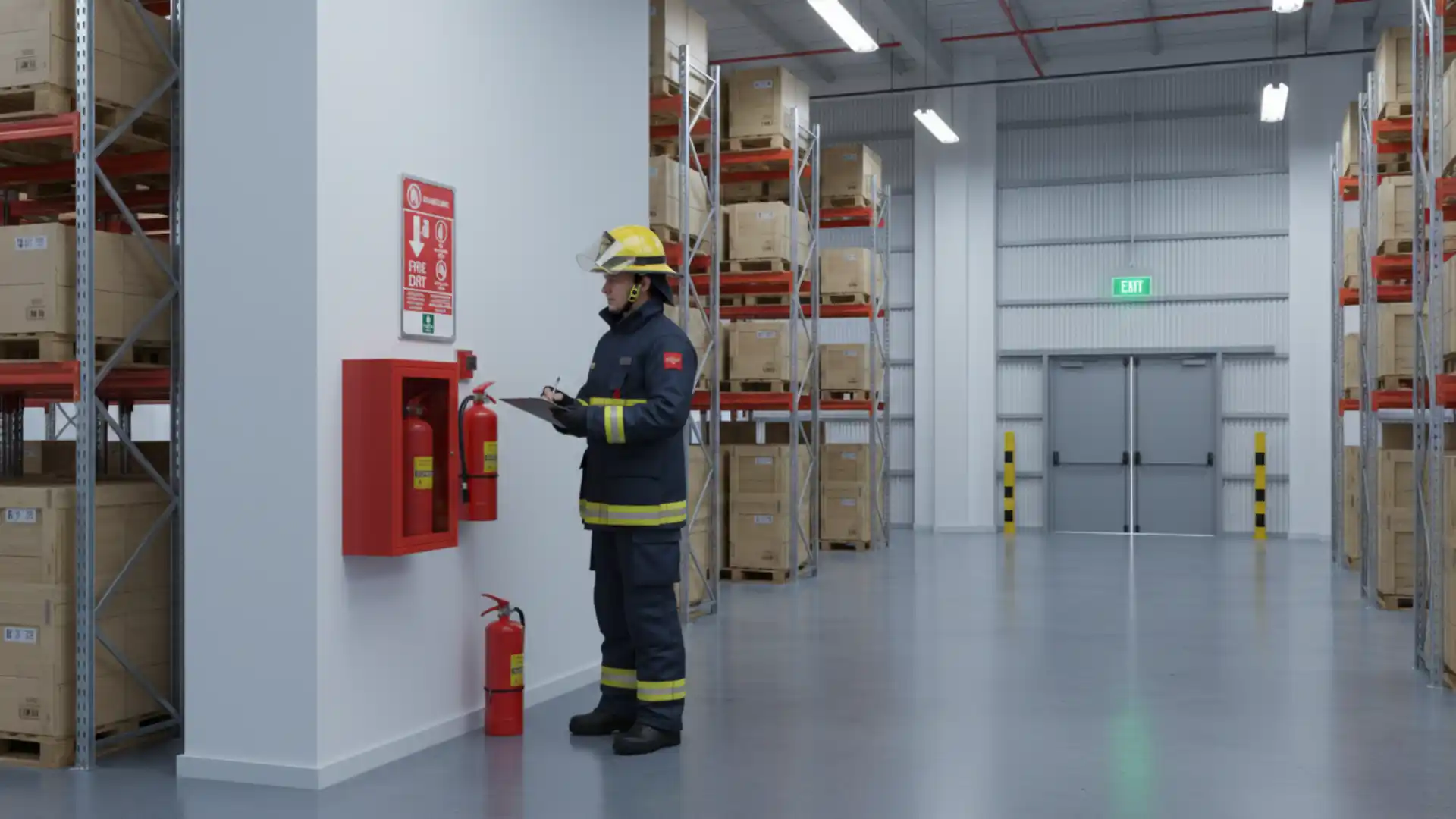 Firefighter inspecting fire safety equipment and signage