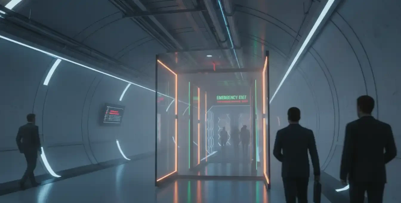 A standard commercial emergency exit route inside a modern office building