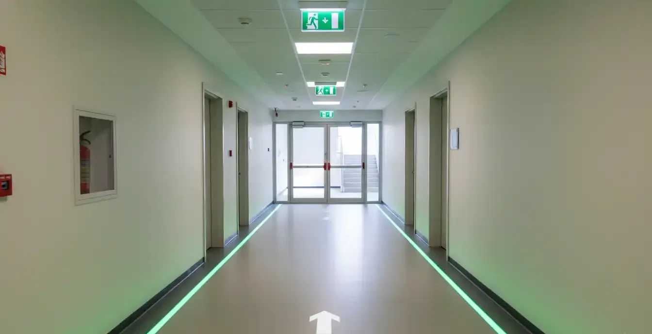 A modern corporate facility showcasing a well maintained emergency exit pathway