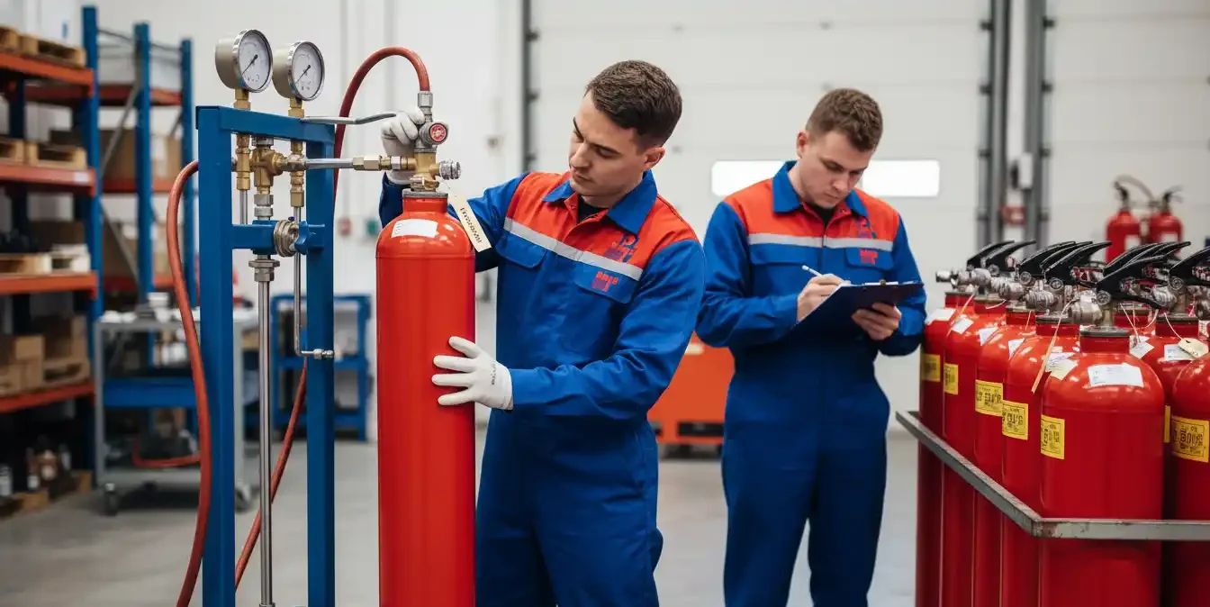 Technician performing maintenance on a fire hose